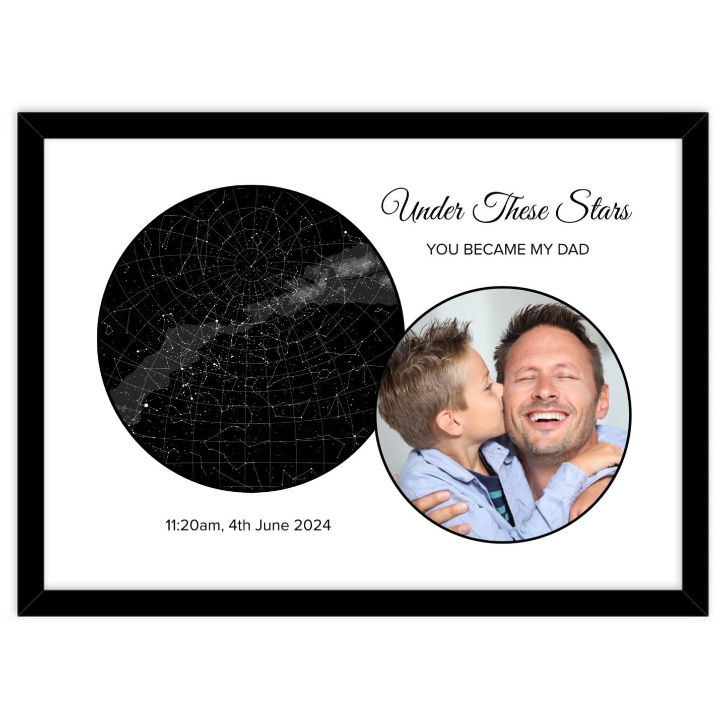 Star Map with Frame showing the star constellation of the day the son was born and a picture of father and son