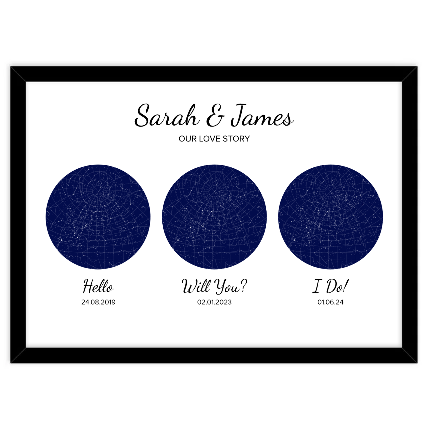 Star Map is a showing the constellation of stars when a couple met, when proposed and when they wed