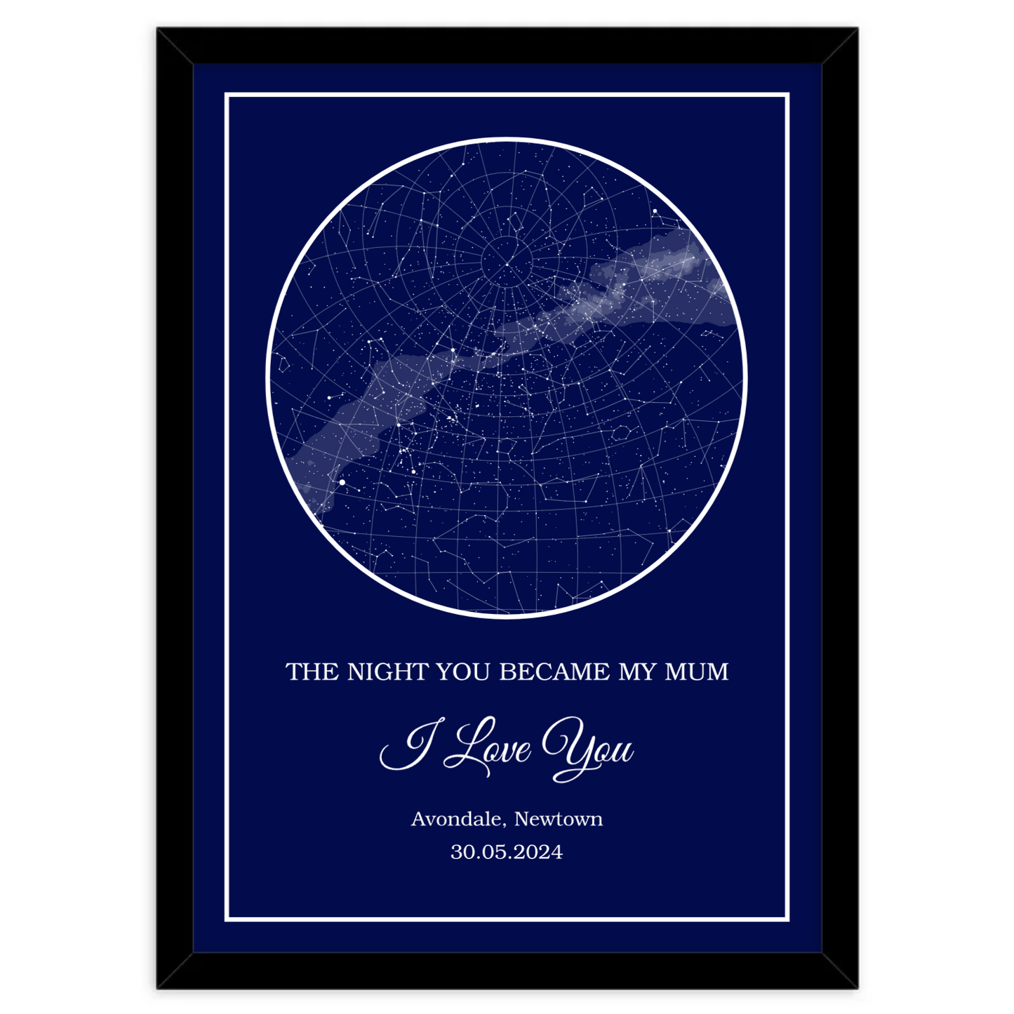 Star Map, which is a Framed Map which shows the constellation of stars on the night a kid was born.