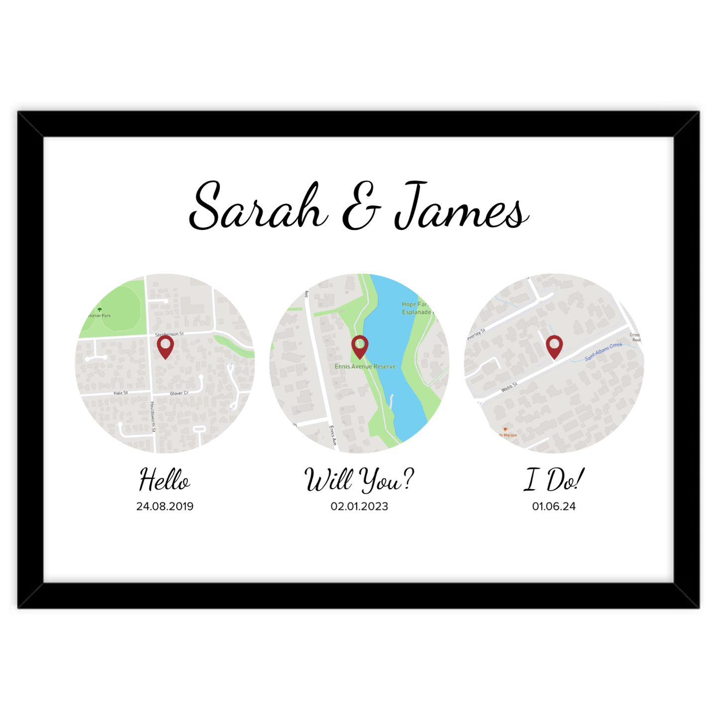 Street Map showing the place a couple met, where the proposal was and where they got married