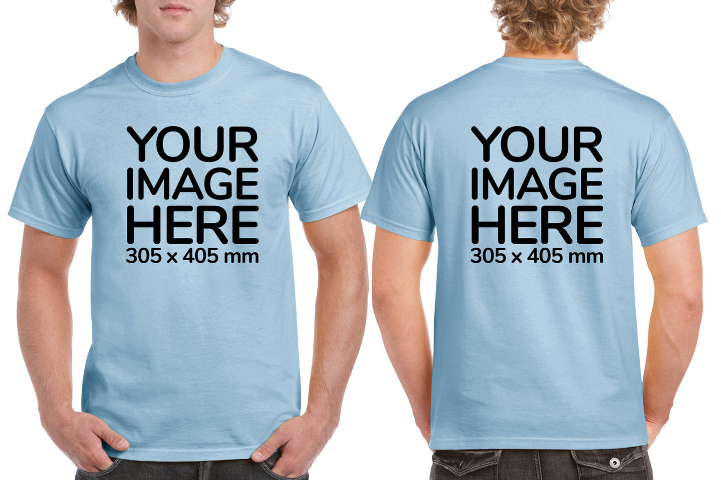 Custom Light Blue T-Shirt with Design Your Own area on front and back printing