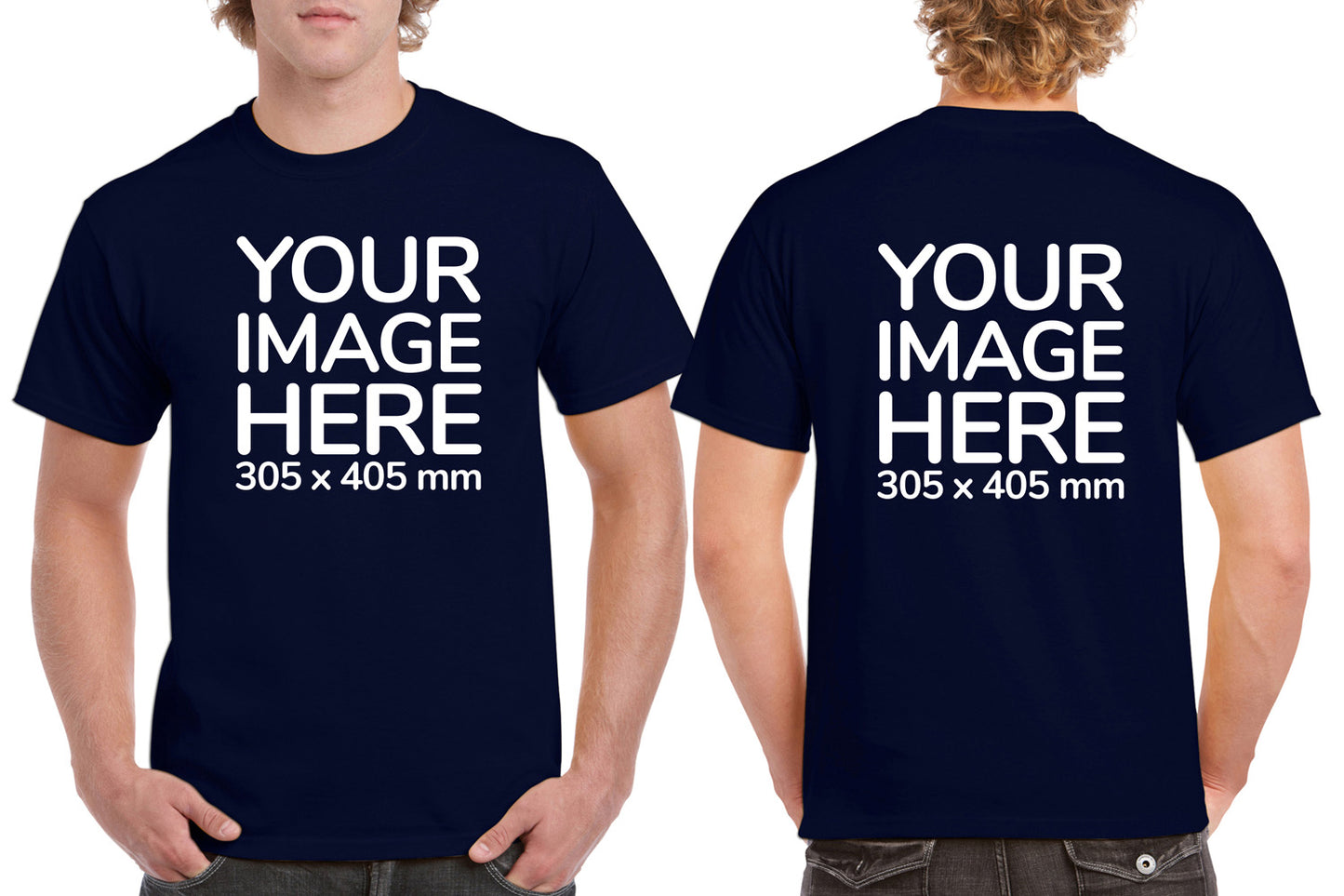 Custom Dark Blue T-Shirt with Design Your Own area on front and back printing