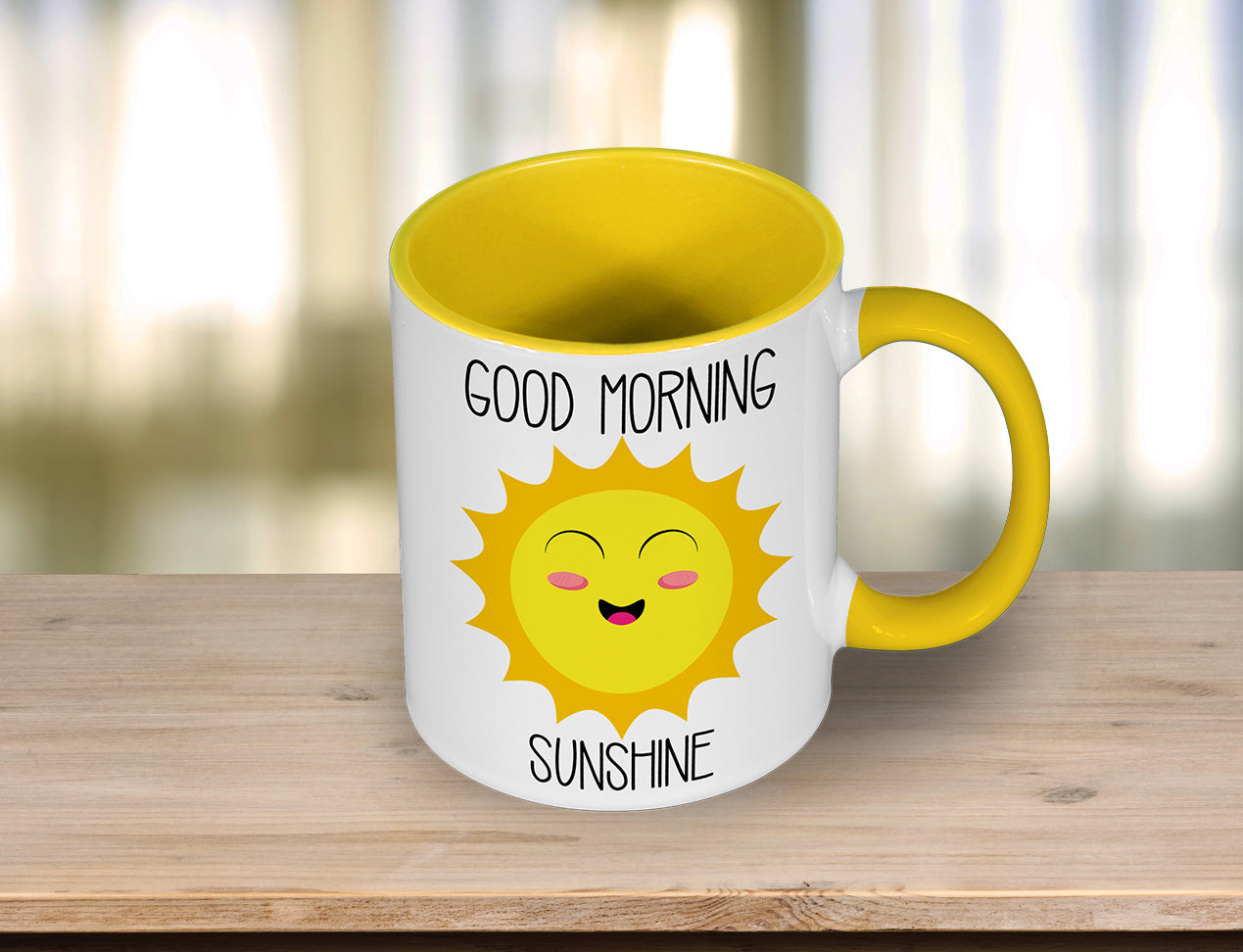 A Custom Colour Coffee Mug with Yellow Handle and inside and funny quote on front