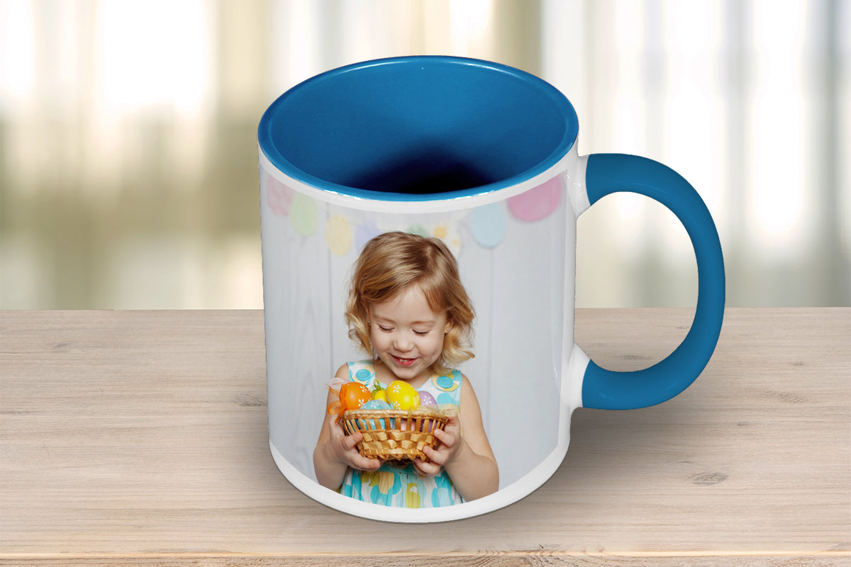 Custom Colour Mug with light blue handle and inside and picture of kid on the mug outside