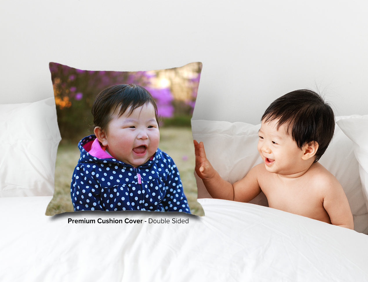 Premium Custom Cover Photo Cushion with image of kid, with real kid holding it