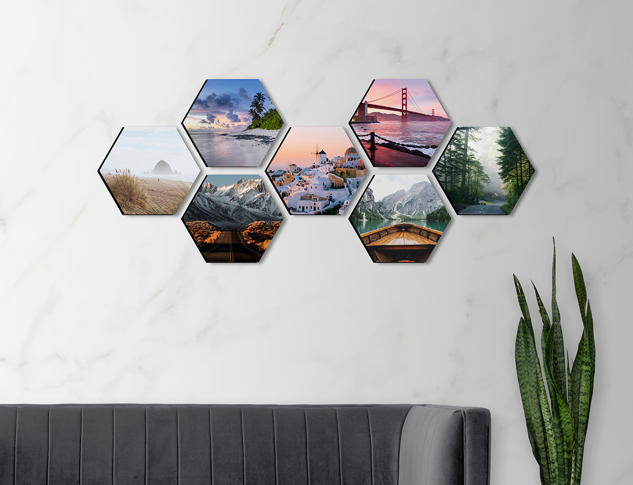 Wide Photo Gallery of Hexagon shaped Photo Tiles hanging on Wall.