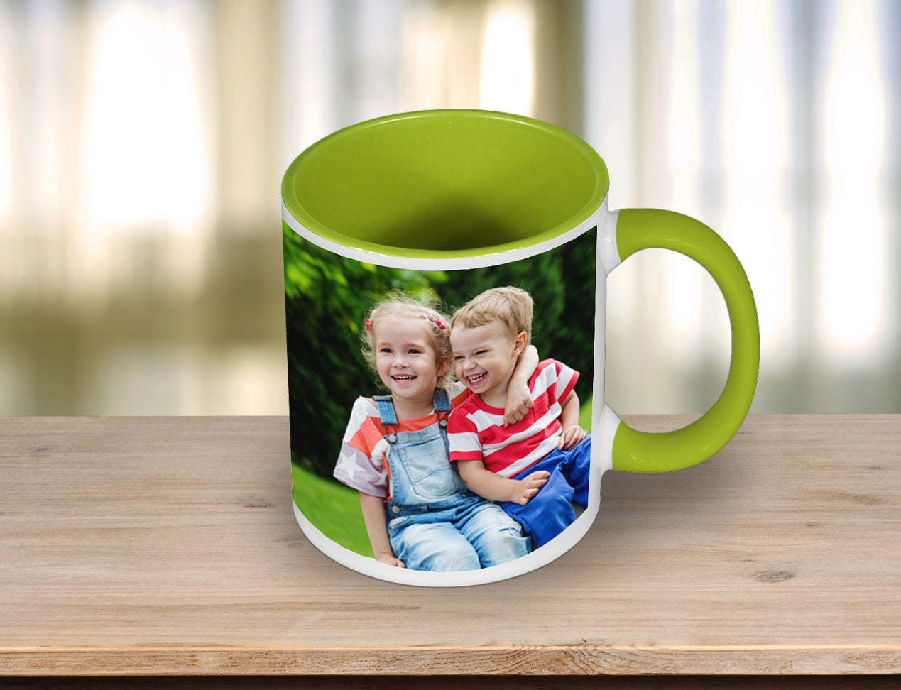Personalised Colour Coffee Mugs - Green handle and inside and user's own image