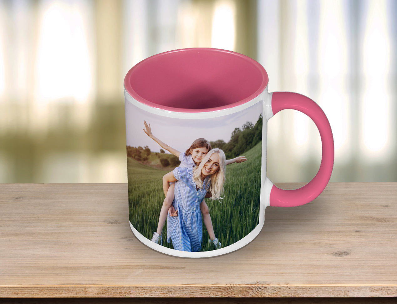 Pink Colour Custom Mug with pink handle and inside and family picture on the mug