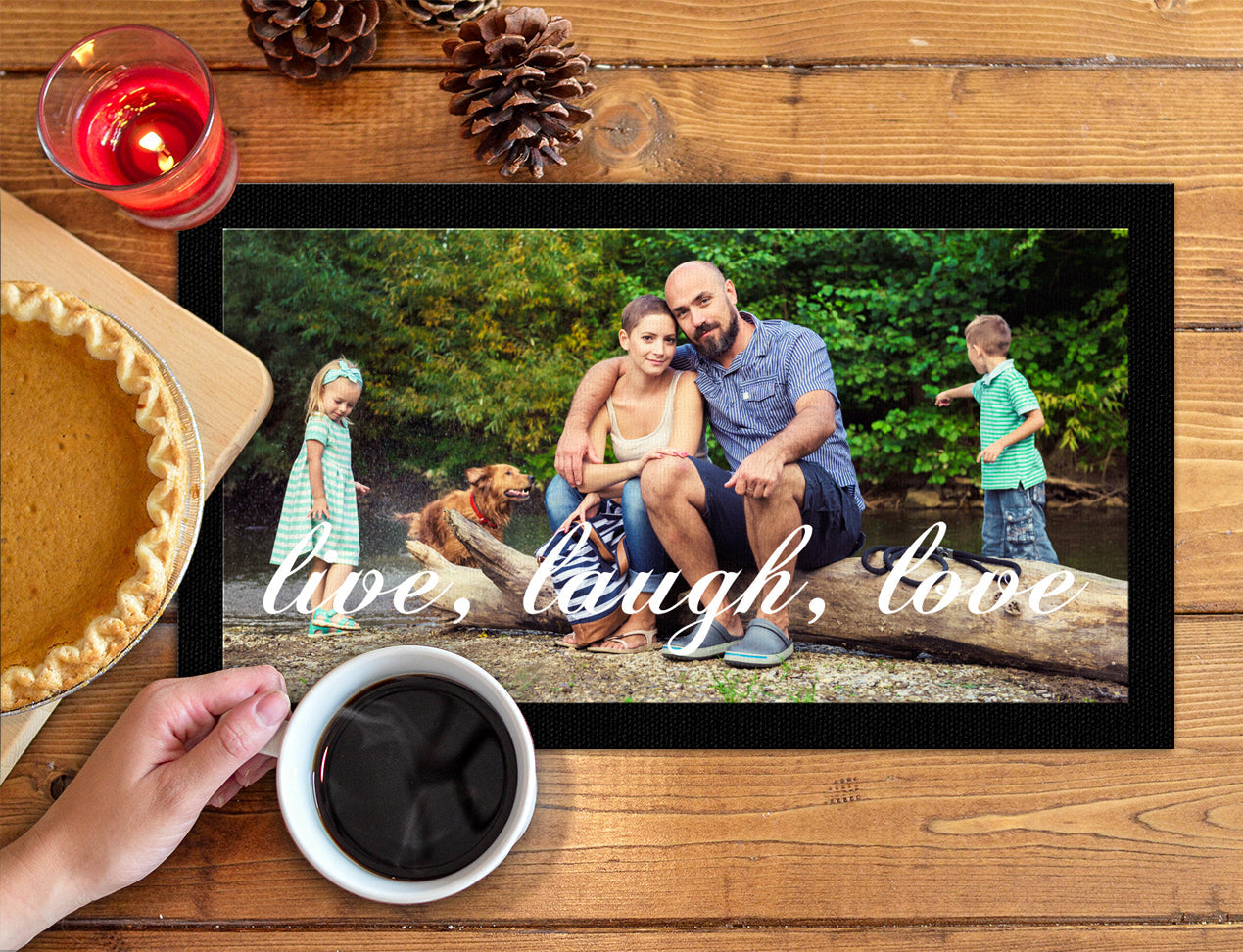 This shows a rectangle custom bar mat that is personalised with a family image and love messsage