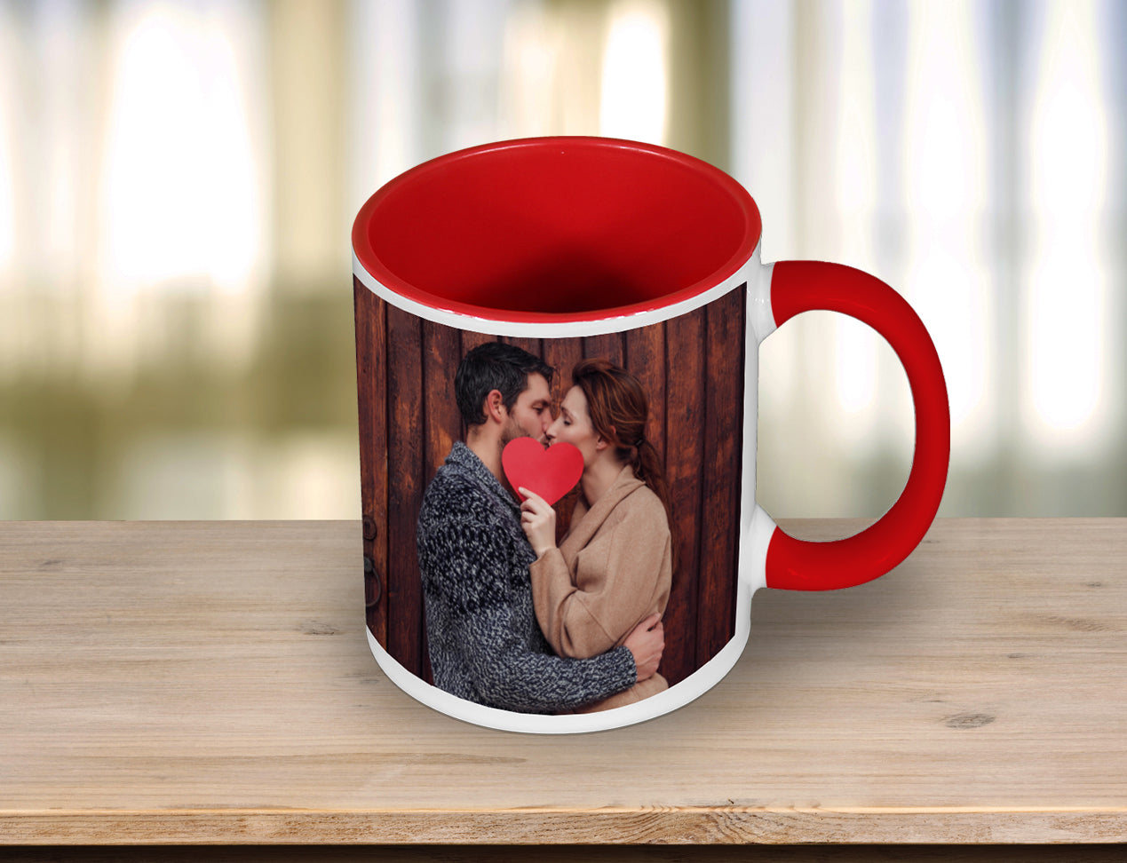 Red Colour Love Mug with red handle and inside and couple kissing picture on the outside