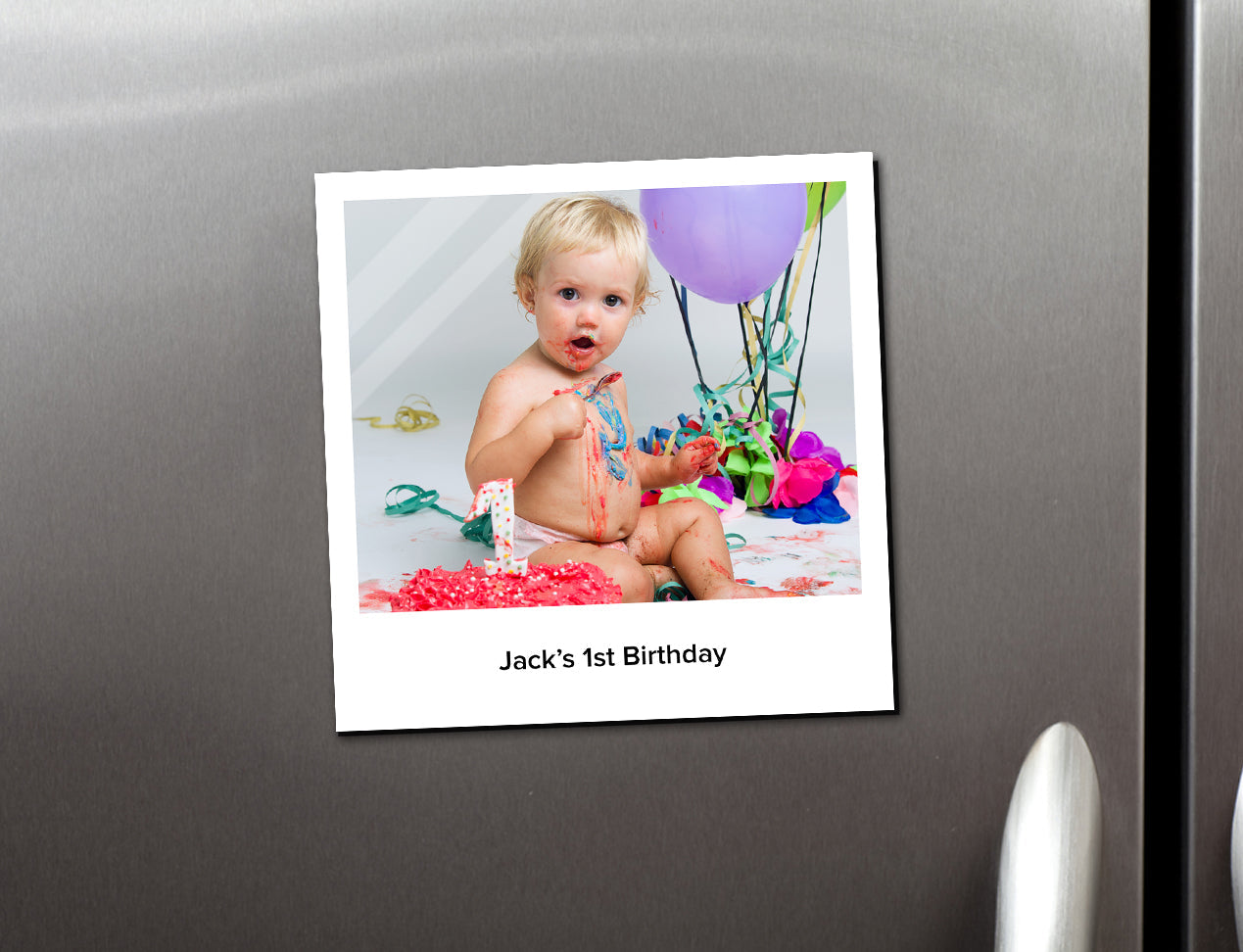 Image of a kid on a customised retro vintage magnet - positioned on a fridge surface