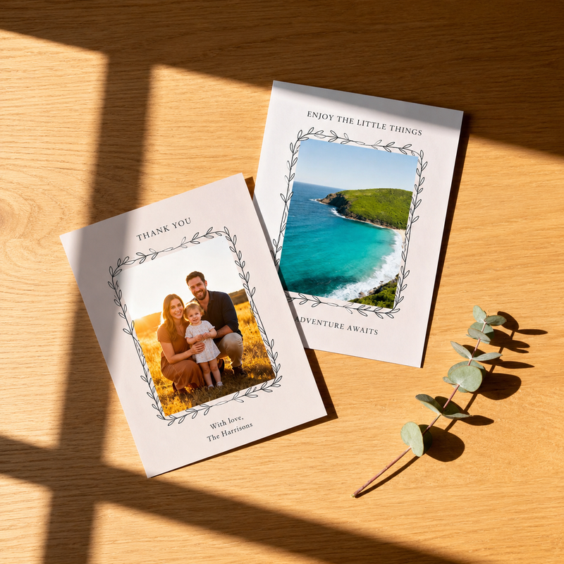 Two greeting cards on a wooden surface with a leafy branch.
