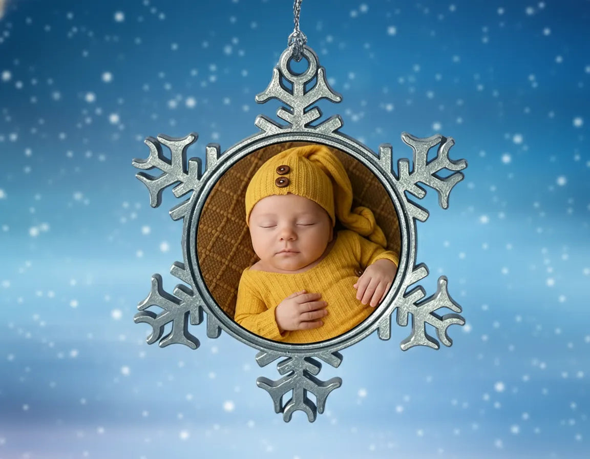 Custom Xmas decoration personalised with a baby in a yellow outfit against a snowy background
