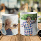 Two custom mugs with printed images of a child and an adult on a wooden surface.