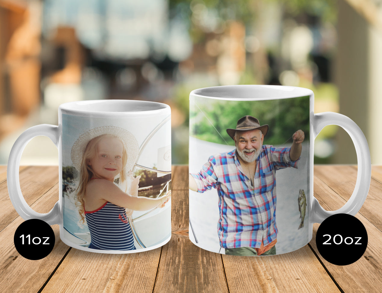 Two custom mugs with printed images of a child and an adult on a wooden surface.