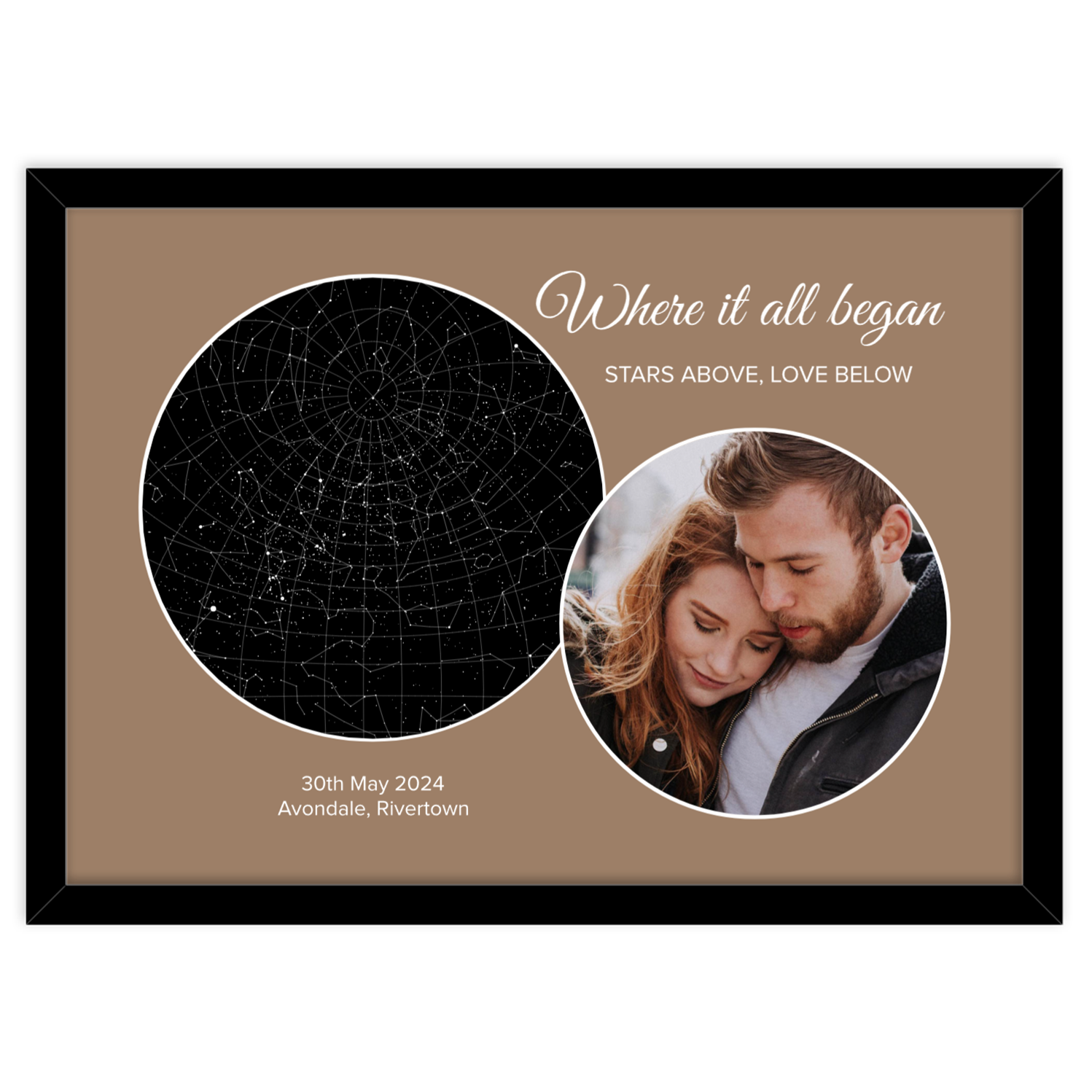 Custom Star Map with Photo on Brown Mat - Black-Frame