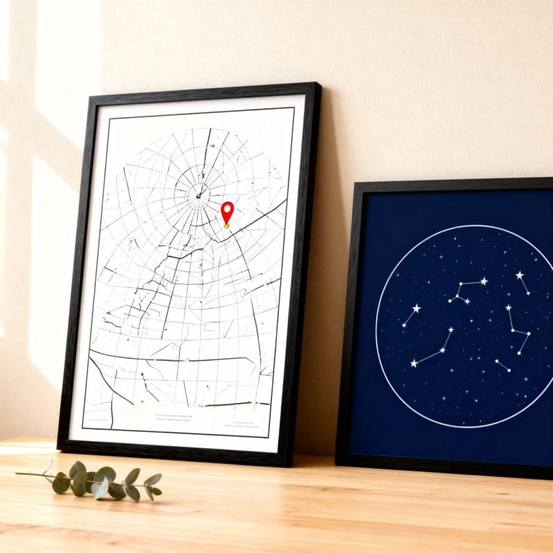 Two framed prints on a wooden surface, one with a map and the other with a constellation design.