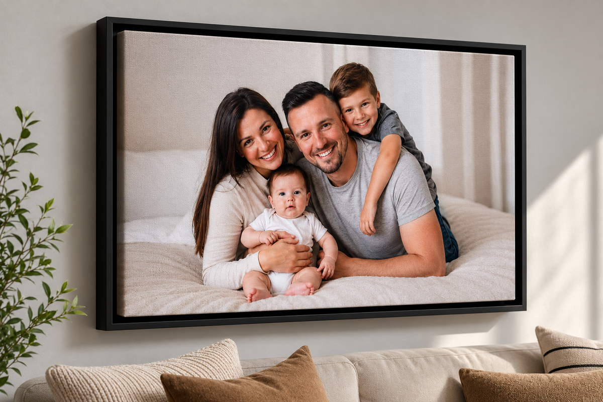 Framed family photo on a wall in a living room