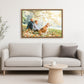 Living room with a gray sofa, round coffee table, and a framed canvas print of a couple and dog on the wall.