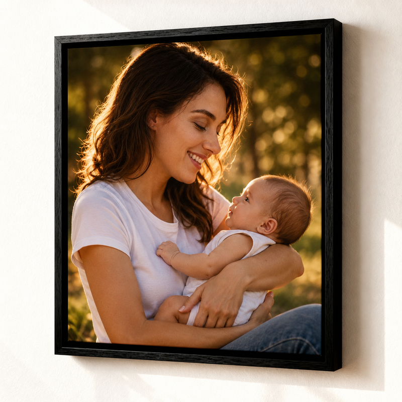 Framed photograph of a woman holding a baby outdoors