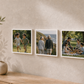 Three white framed family photographs displayed side-by-side on a textured beige wall above a wooden console table with a ceramic vase.
