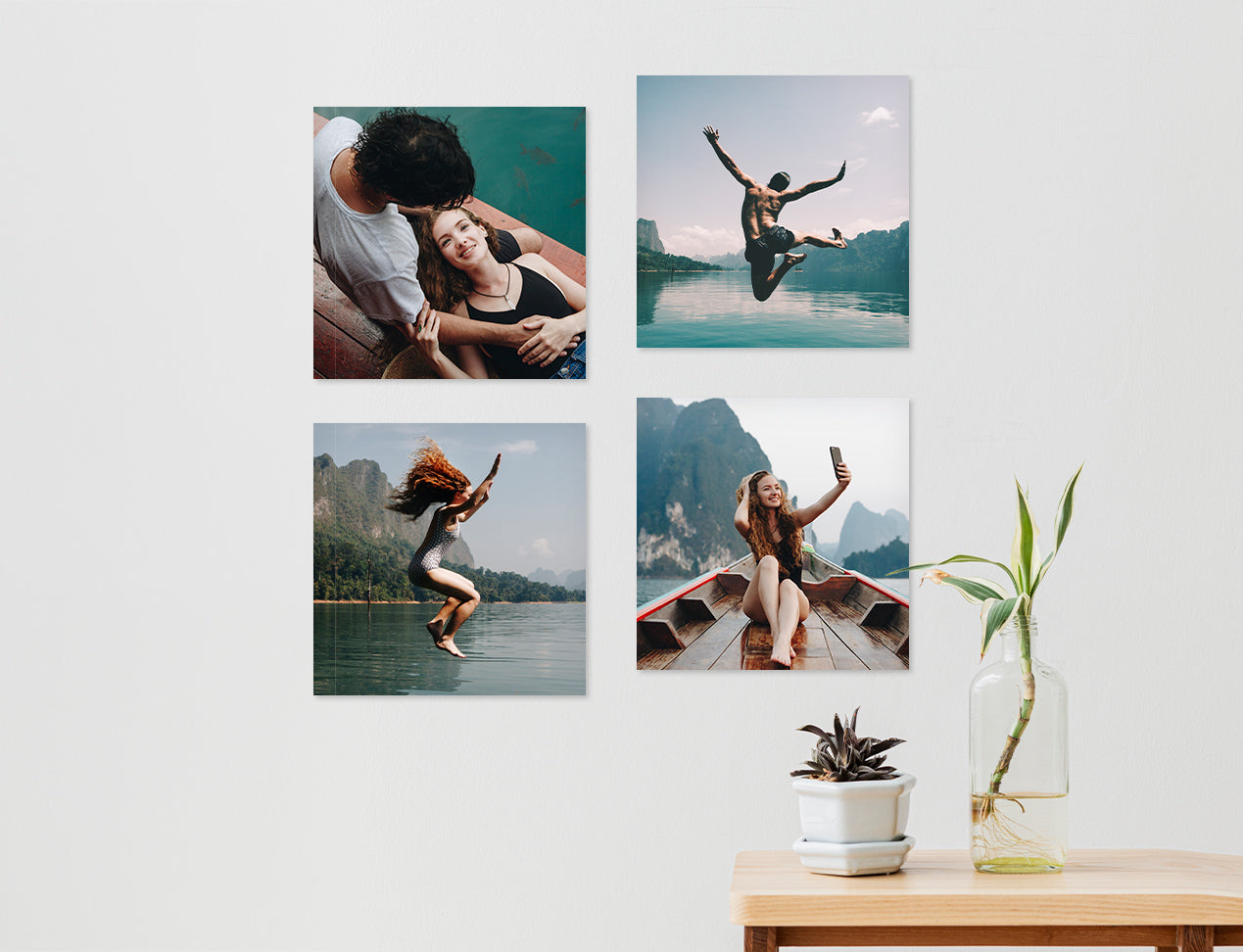 Gallery of 4 square Photo Tiles freely positioned on wall, each customised with a different holiday image