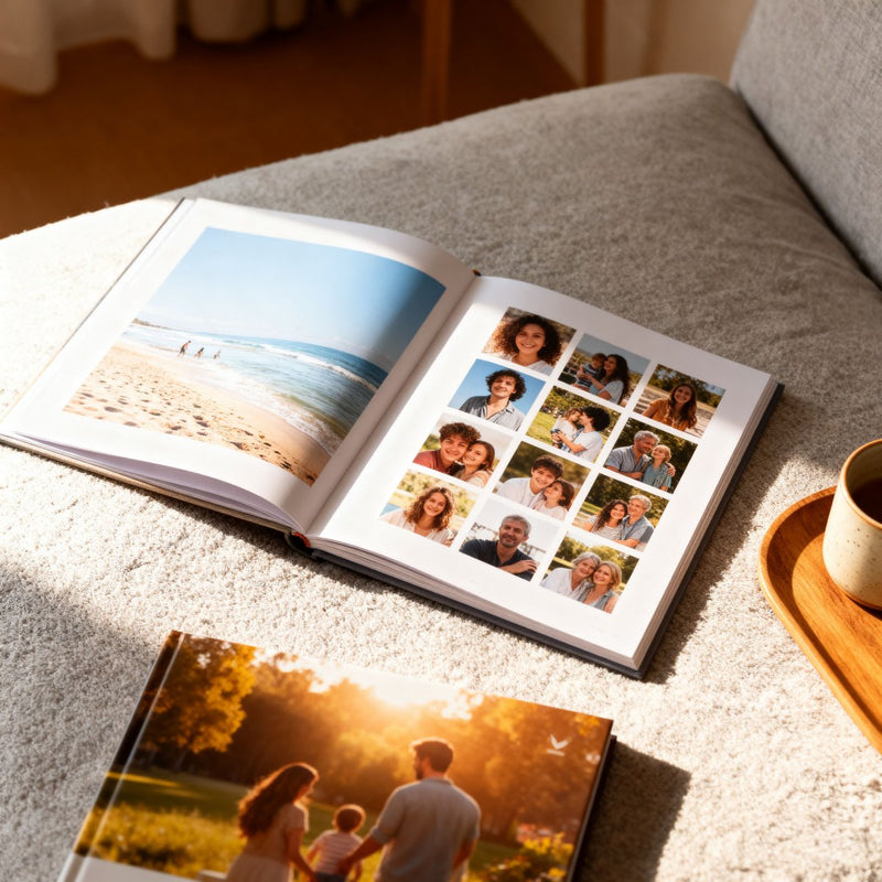 Open photo album on a surface with family photos and scenic images.