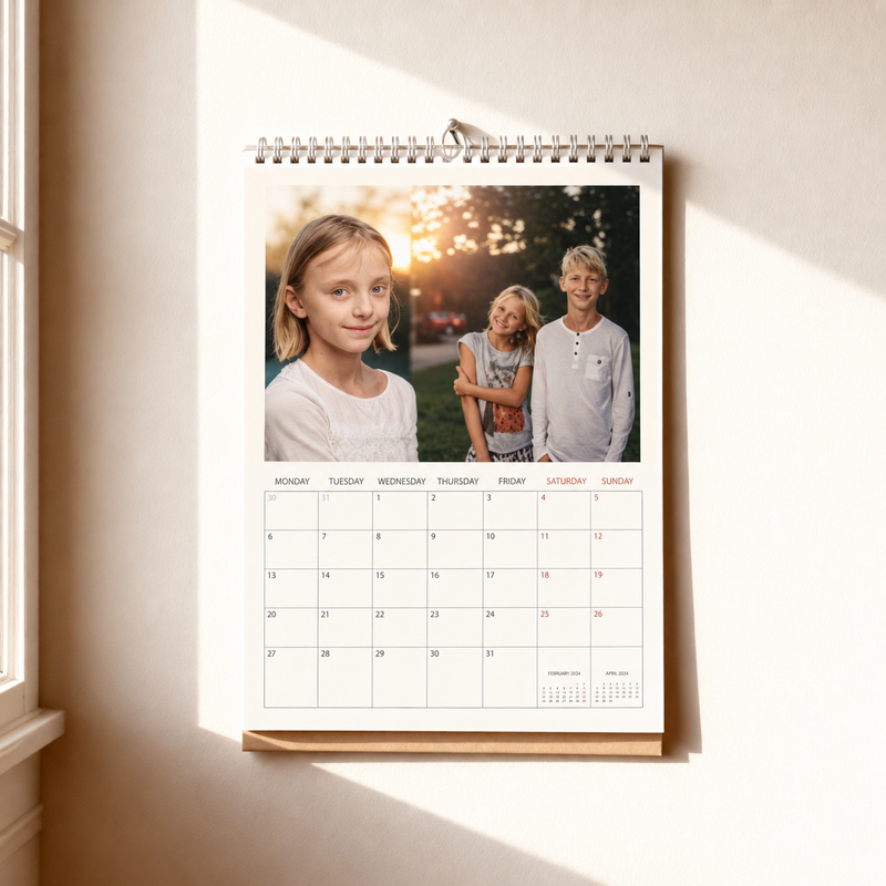 Wall calendar with family photo on a wall