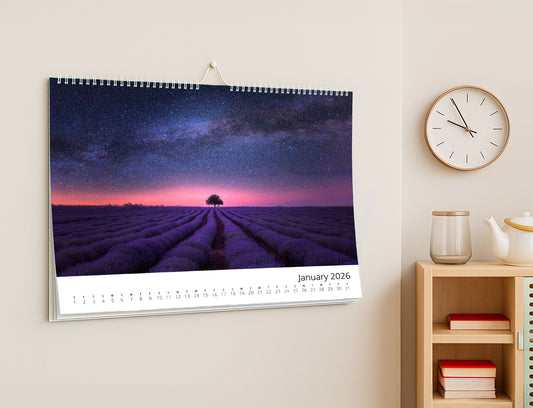 A3 landscape wall calendar with white wire binding, angled view, ideal for showcasing artwork.
