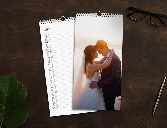 Custom 15 x 30 cm photo kitchen notepad wall calendar with large image, spiral-bound and using a hook for hanging on a wall