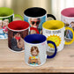 Line-up of colourful coffee mugs, all with different handle and inside colour.