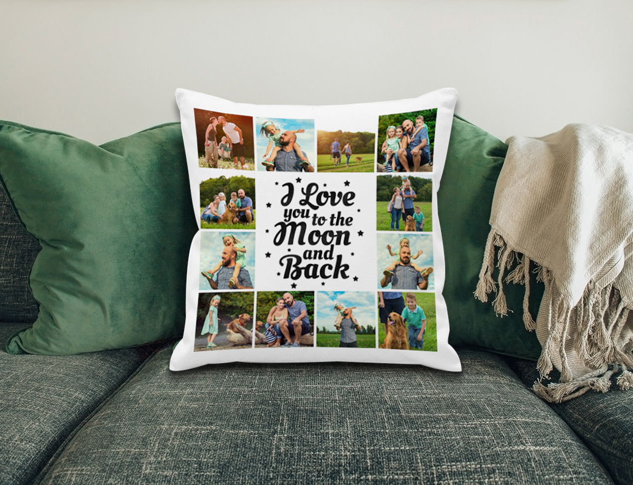 A custom cushion cover that is personalised with many images and a love message