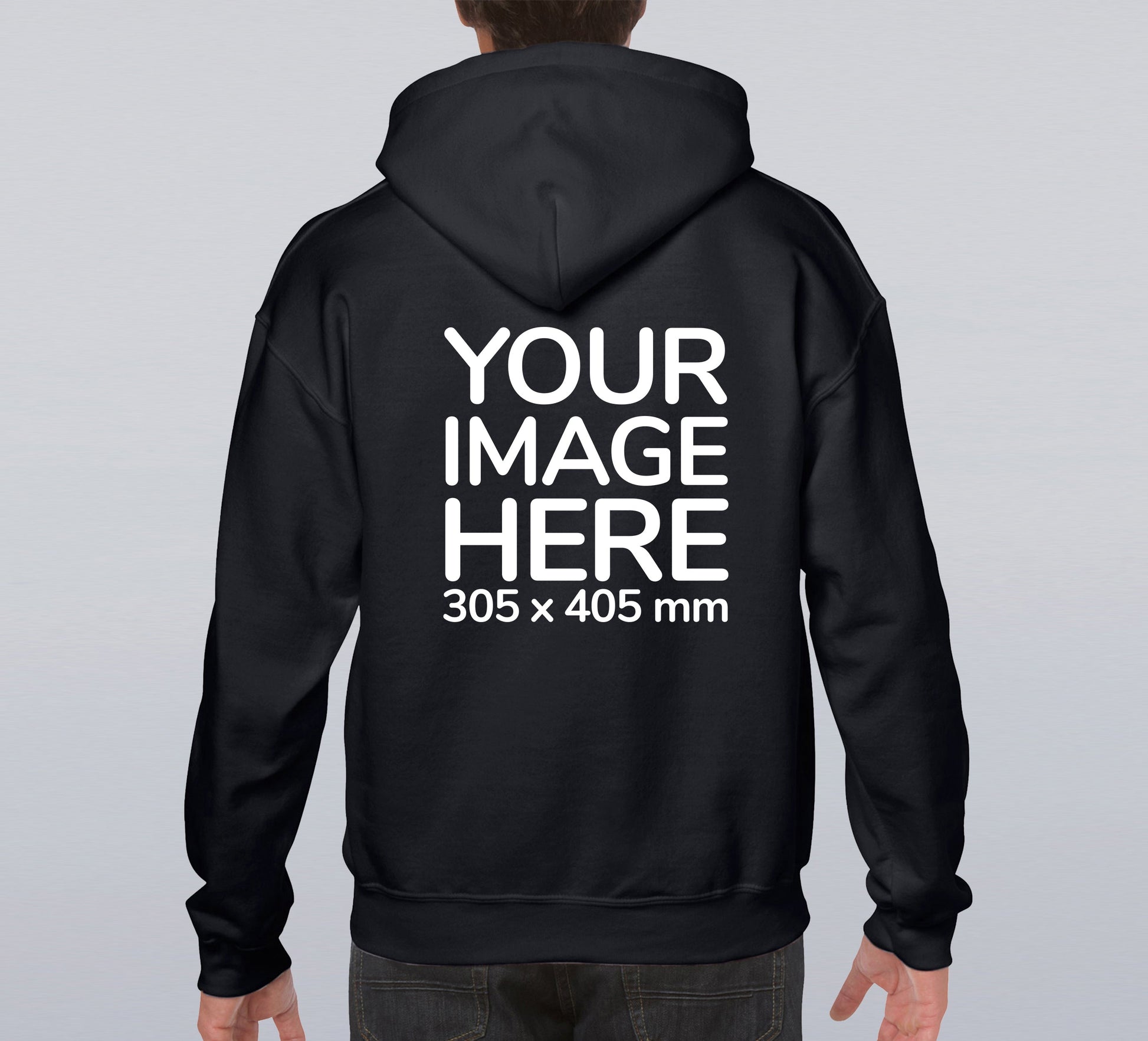 Man wearing a Black Hoodie, displaying the back side, showing a placeholder image indicating that the Custom Hoodie can be customised with own design and image on back side.