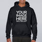 Man wearing a Black Hoodie, displaying the front side, showing a placeholder image indicating that the Custom Hoodie can be customised with own design and image on front side.