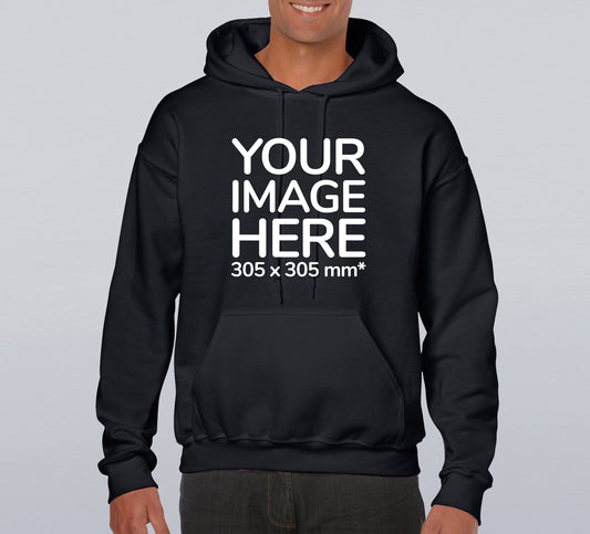 Man wearing a Black Hoodie, displaying the front side, showing a placeholder image indicating that the Custom Hoodie can be customised with own design and image on front side.