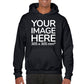 Man wearing a Black Hoodie, displaying the front side, showing a placeholder image indicating that the Custom Hoodie can be customised with own design and image on front side.