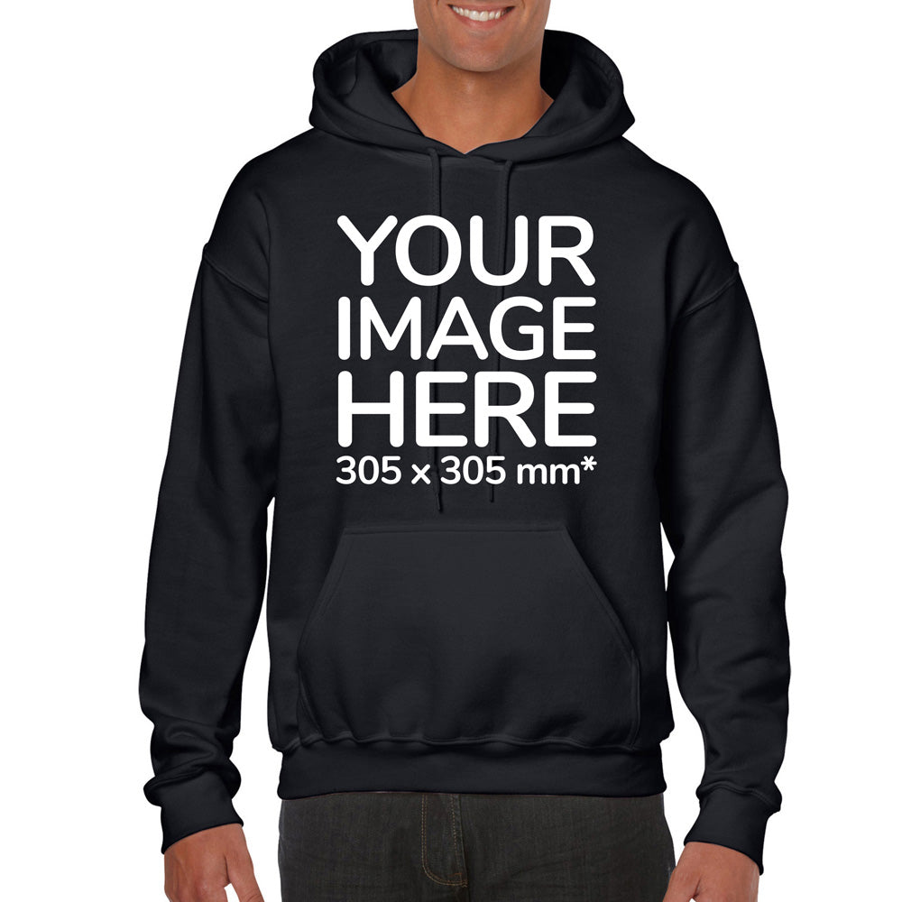Man wearing a Black Hoodie, displaying the front side, showing a placeholder image indicating that the Custom Hoodie can be customised with own design and image on front side.