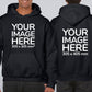 Man wearing a Black Hoodie, displaying the front and back side, showing a placeholder image indicating that the Custom Hoodie can be customised with own design and image on front and back side.