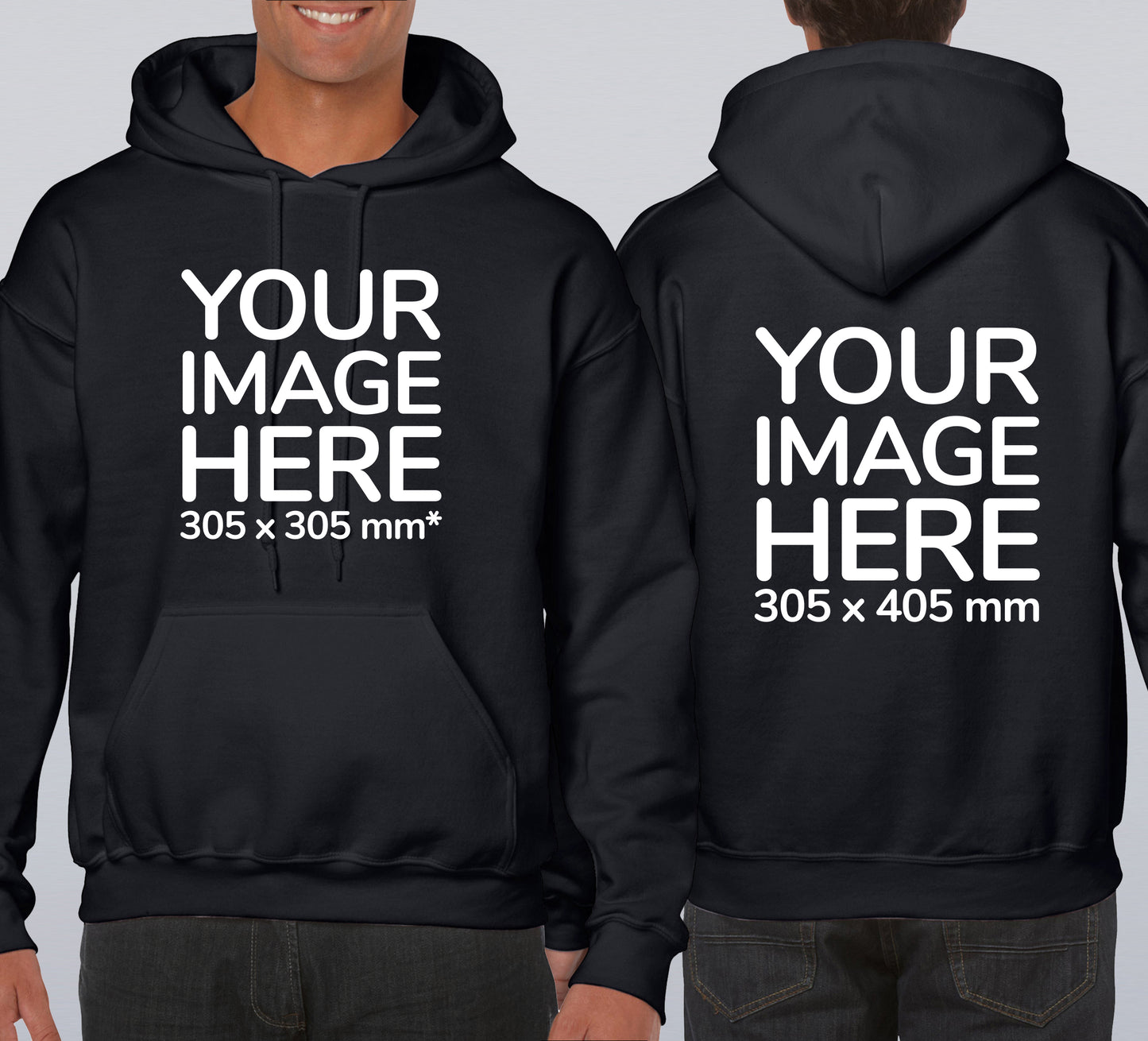 Man wearing a Black Hoodie, displaying the front and back side, showing a placeholder image indicating that the Custom Hoodie can be customised with own design and image on front and back side.