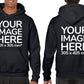 Man wearing a Black Hoodie, displaying the front and back side, showing a placeholder image indicating that the Custom Hoodie can be customised with own design and image on front and back side.
