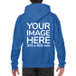 Man wearing a Blue Hoodie, displaying the back side, showing a placeholder image indicating that the Custom Hoodie can be customised with own design and image on back side.