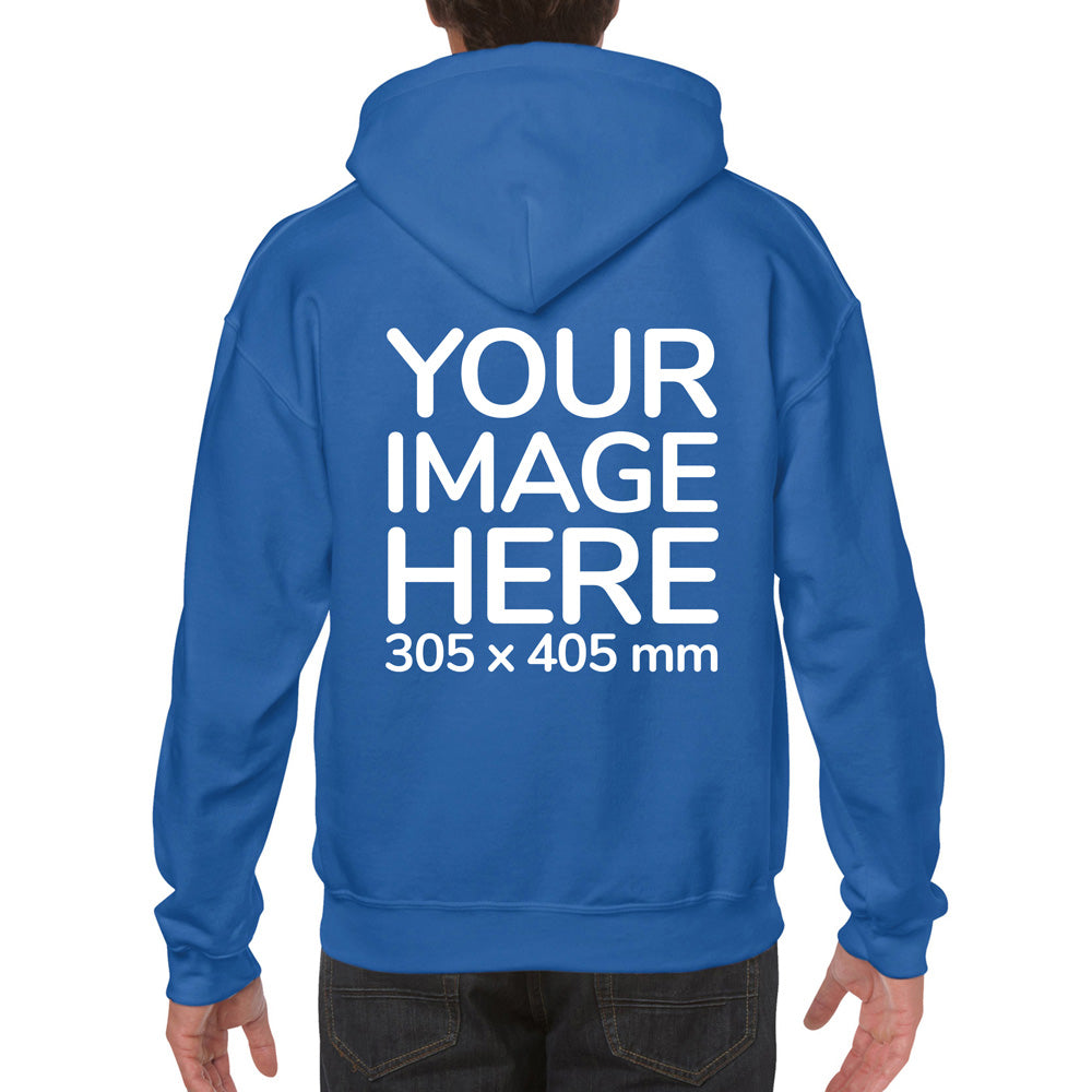 Man wearing a Blue Hoodie, displaying the back side, showing a placeholder image indicating that the Custom Hoodie can be customised with own design and image on back side.
