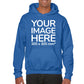 Man wearing a Blue Hoodie, displaying the front side, showing a placeholder image indicating that the Custom Hoodie can be customised with own design and image on front side.