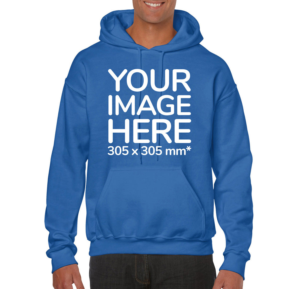 Man wearing a Blue Hoodie, displaying the front side, showing a placeholder image indicating that the Custom Hoodie can be customised with own design and image on front side.