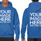 Man wearing a Blue Hoodie, displaying the front and back side, showing a placeholder image indicating that the Custom Hoodie can be customised with own design and image on front and back side.