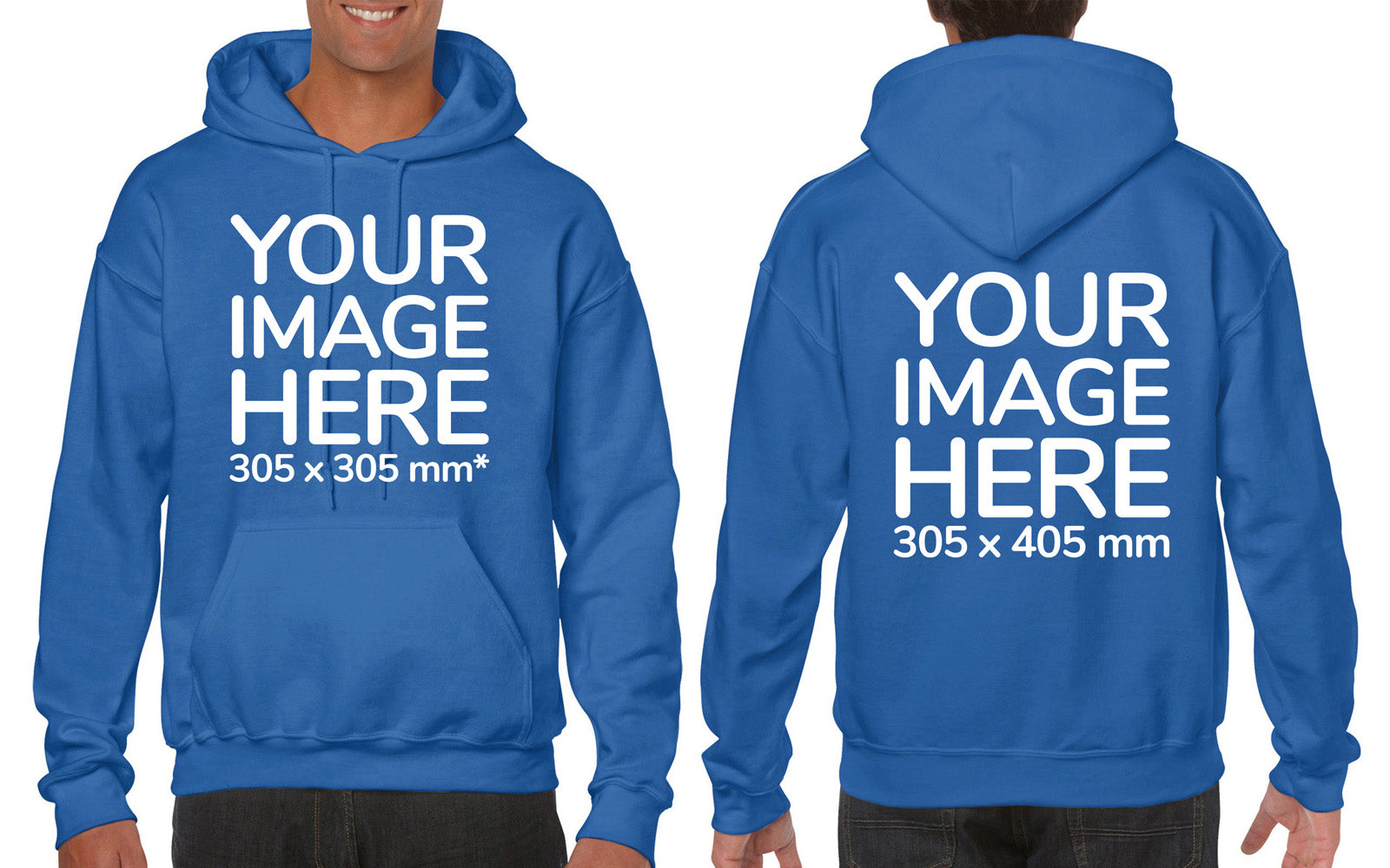 Man wearing a Blue Hoodie, displaying the front and back side, showing a placeholder image indicating that the Custom Hoodie can be customised with own design and image on front and back side.