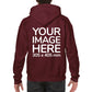 Man wearing a Burgundy Hoodie, displaying the back side, showing a placeholder image indicating that the Custom Hoodie can be customised with own design and image on back side.