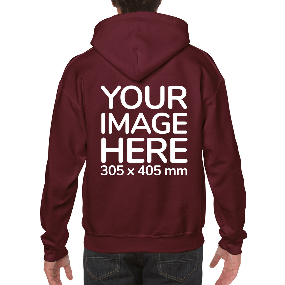 Man wearing a Burgundy Hoodie, displaying the back side, showing a placeholder image indicating that the Custom Hoodie can be customised with own design and image on back side.