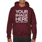 Man wearing a Burgundy Hoodie, displaying the front side, showing a placeholder image indicating that the Custom Hoodie can be customised with own design and image on front side.