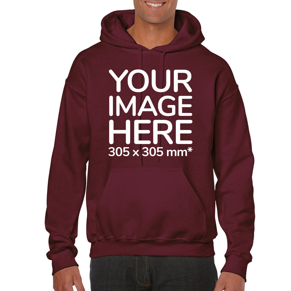 Man wearing a Burgundy Hoodie, displaying the front side, showing a placeholder image indicating that the Custom Hoodie can be customised with own design and image on front side.